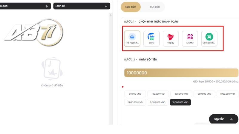 Nạp tiền AB77 với nhiều cách khác nhau